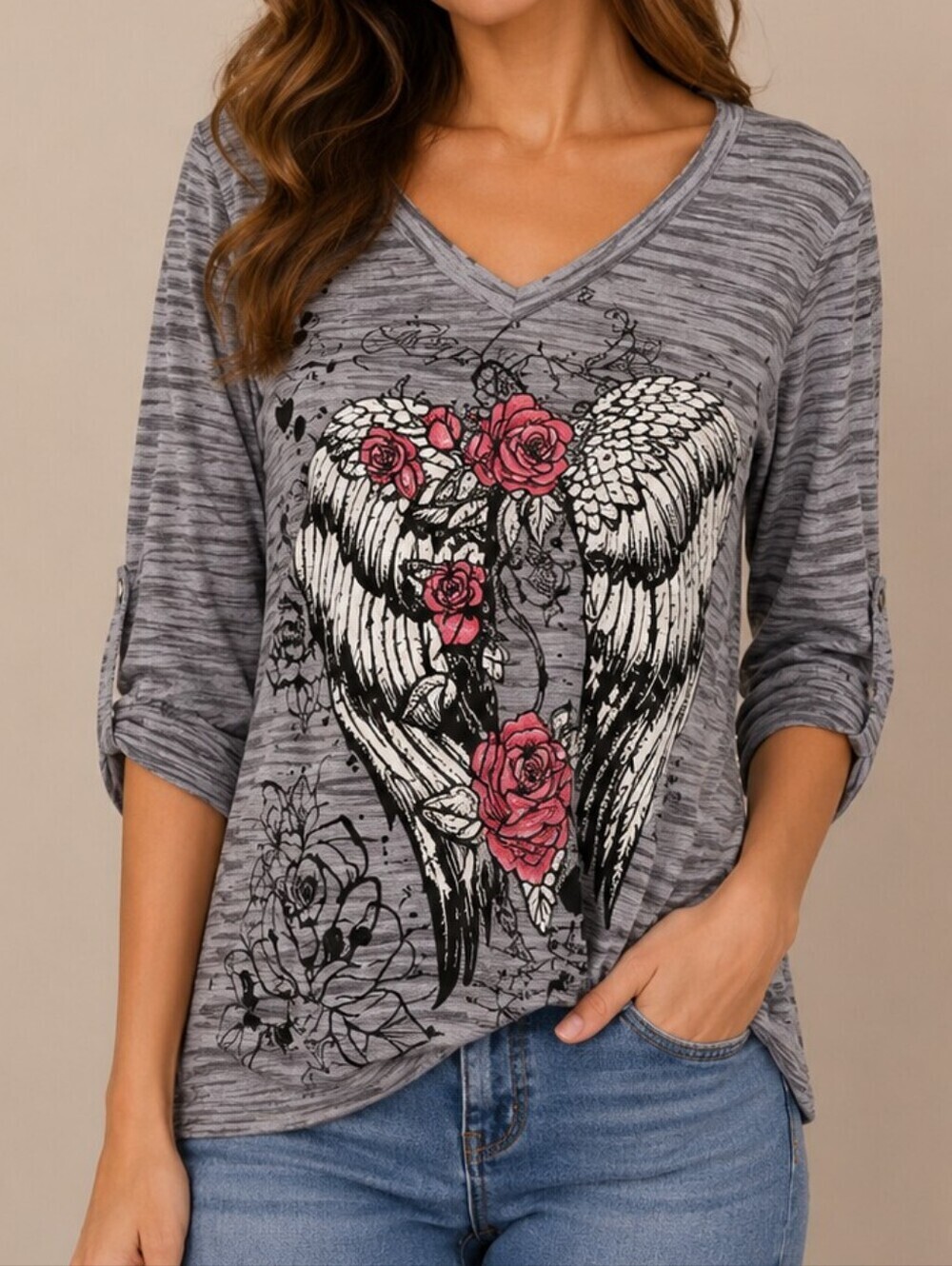 EVER BLUE Y2k Fairycore Lightweight Gray Angel Wing Rose V-Neck Top